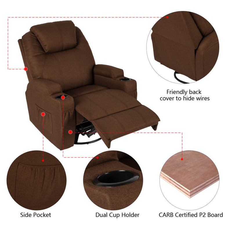 Coffee Fabric Massage Recliner Chair 360 Degrees Swivel Heated Ergonomic Lounge