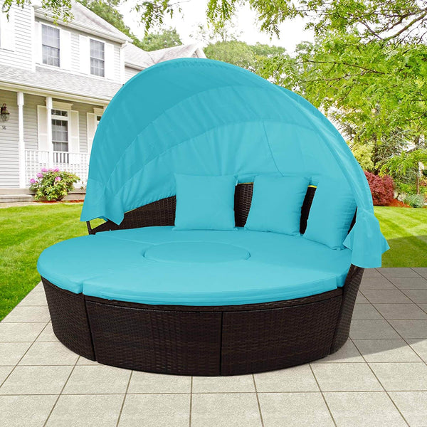 Patio Round Daybed Furniture Set with Retractable Canopy, Coffee Table & Waterproof Cushions, Outdoor Wicker Rattan Sectional Sofa Set, Blue