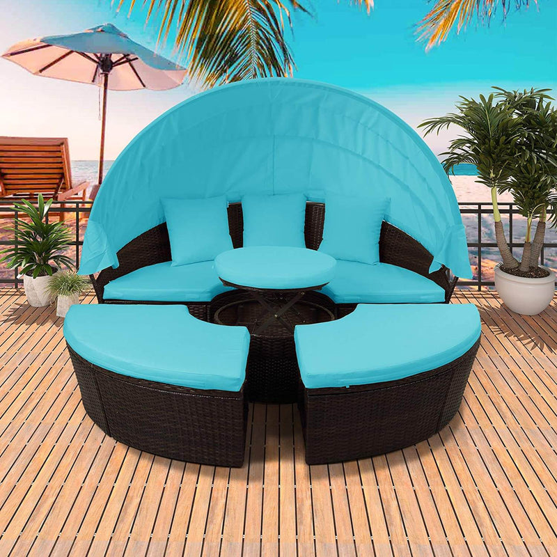 Patio Round Daybed Furniture Set with Retractable Canopy, Coffee Table & Waterproof Cushions, Outdoor Wicker Rattan Sectional Sofa Set, Blue