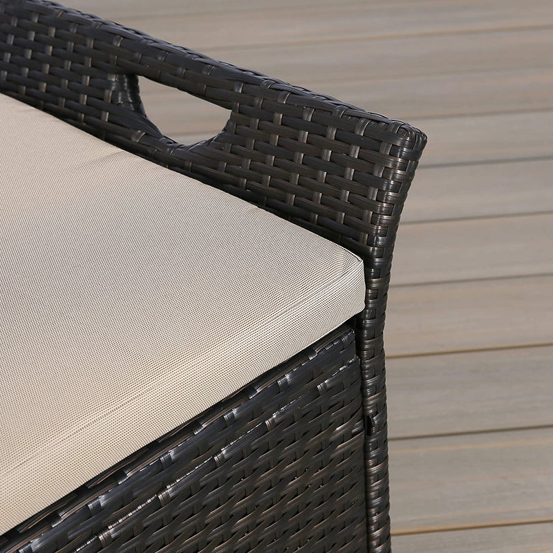 Outdoor Storage Bench with Wing Handles, Rattan Style Deck Box with Beige Cushion