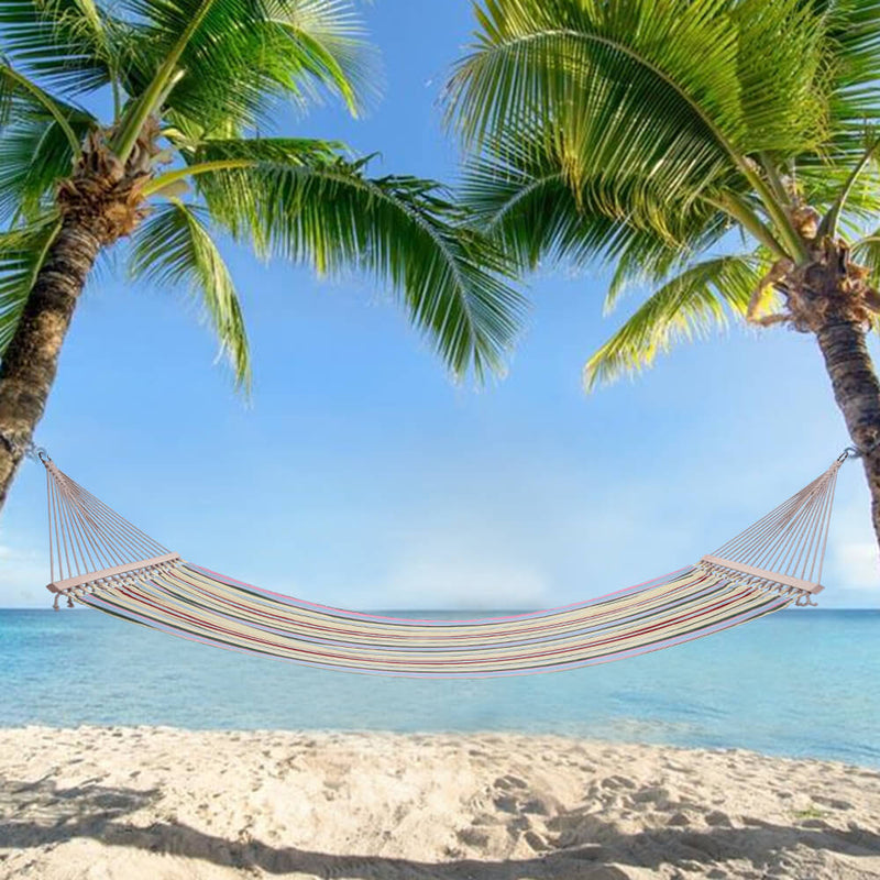 2 Person Double Hammock Bed with Wood Spreader Bar, Portable Patio Swing Hammocks (Beige)