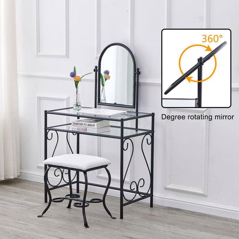 Simple Iron Dresser with Square Dressing Stool Black