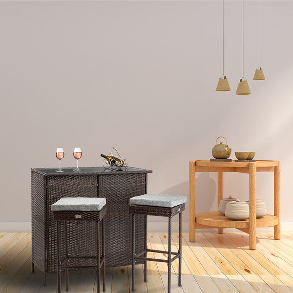 Outdoor 3 Pieces Brown Wicker Bar Set Glass Bar and Two Stools with Cushions