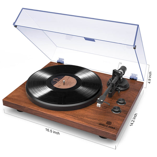 Record Player Stereo Built-in 2-Speed Phono Preamp and Belt Drive Brown