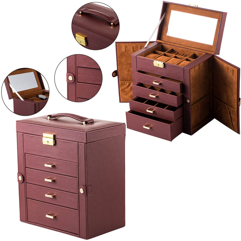 Synthetic Leather Huge Jewelry Box Mirrored Watch Organizer Storage Lockable Gift Case Brown