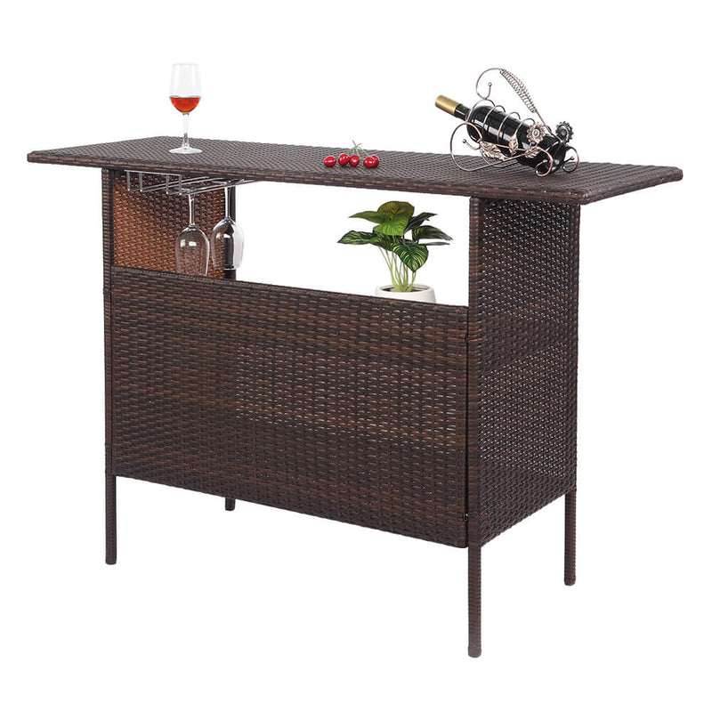 Long Rattan Bar Table Top Iron Mesh Compartment