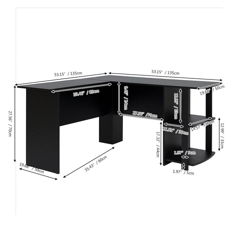 L-Shaped Computer Desk with Two-layer Bookshelves Black