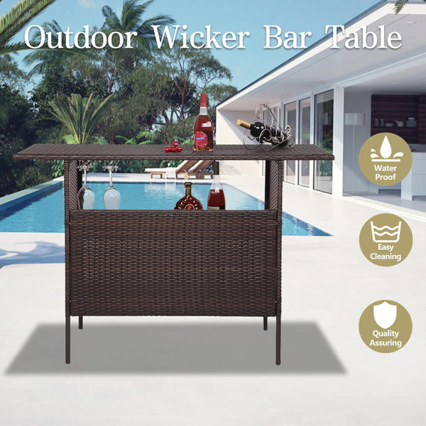 Long Rattan Bar Table Top Iron Mesh Compartment