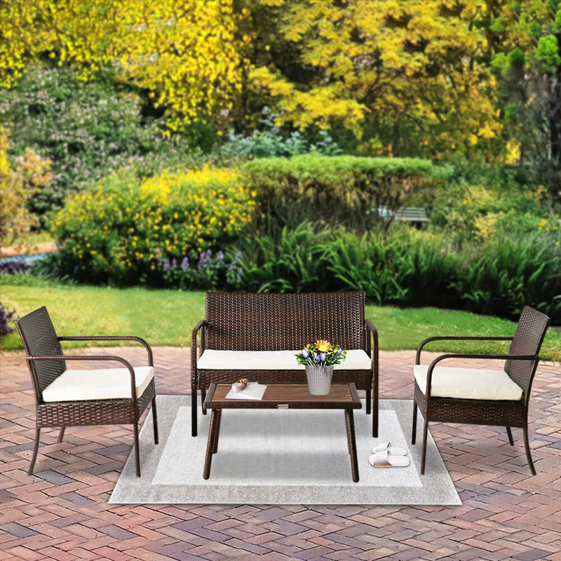 4 Pieces Patio Rattan Wicker Chair, Outdoor Sectional Furniture Set, Brown