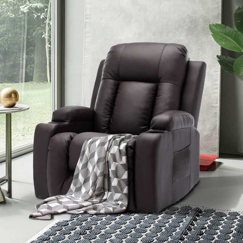 Power Lift Recliner Chair with Massage & Heat for Elderly, PU Leather Electric Recliner with 2 Side Pockets, Cup Holders & USB Port (Brown)