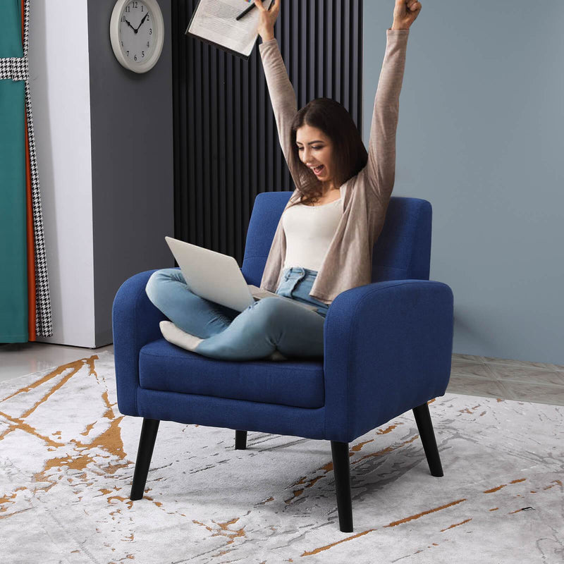 Tufted Upholstered Modern Linen Fabric Accent Chair Comfy Reading Navy Blue