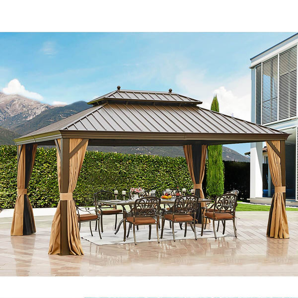 12' x 16' Hardtop Gazebo Galvanized Steel, Double-Roof Gazebo Pergolas Aluminum Frame with Netting & Curtains