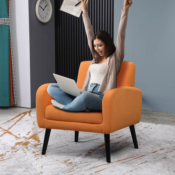 Tufted Upholstered Modern Linen Fabric Accent Chair Comfy Reading Orange
