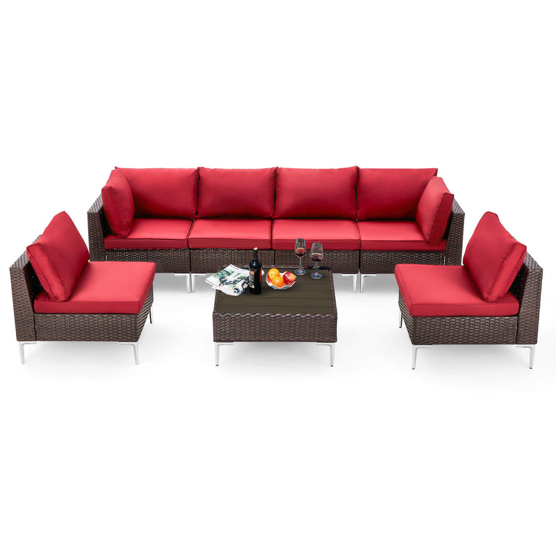 7 Pcs Outdoor Sectional Sofas All-Weather Patio Couch Set with Red Cushion/Tea Table