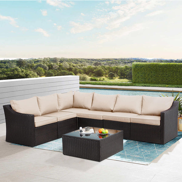 7 Pcs Outdoor Rattan Sectional Sofa All Weather Patio Furniture Set w/ Khaki Cushion & Coffee Table