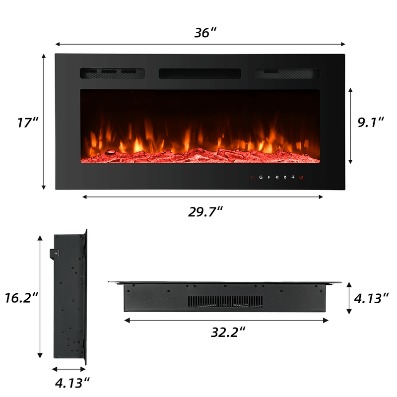 36 inch Electric Fireplace with Free Standing, Wall Mounted Fireplace Insert Heater with Remote Control&Touch Screen