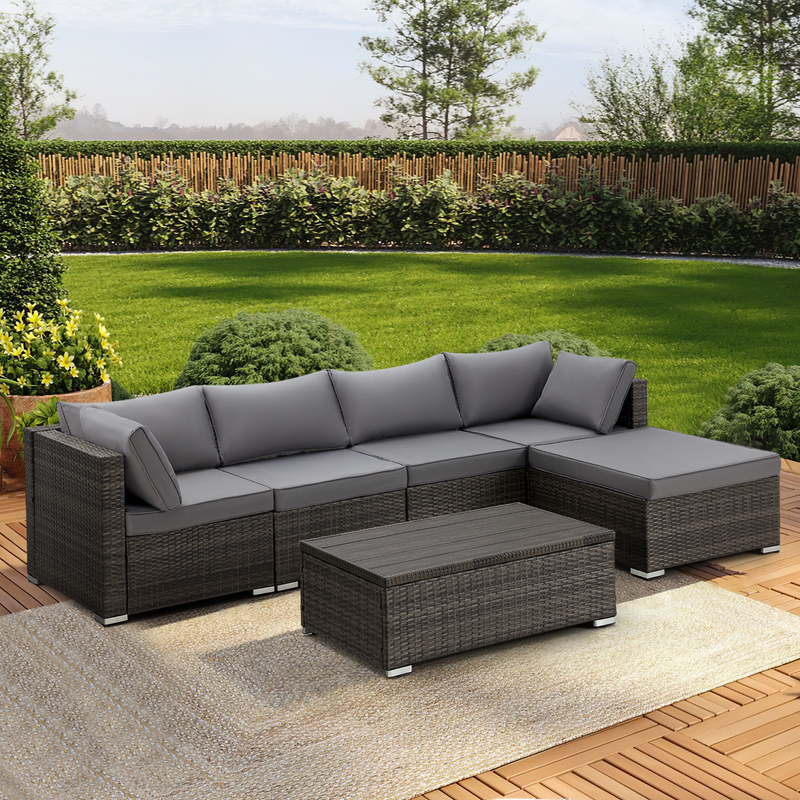 6 Pcs Outdoor Rattan Sectional Sofa All Weather Patio Furniture Set w/ Gray Cushion & Coffee Table