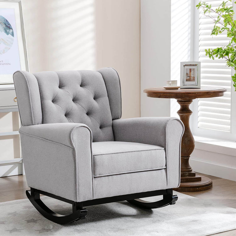 Mid Century Modern Rocking Chair, Tufted Upholstered Glider with High Back, Gray