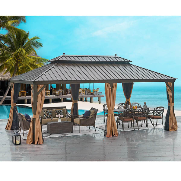 12' x 20' Hardtop Gazebo Galvanized Steel Outdoor Double-Roof Gazebo Pergolas Aluminum Frame with Netting & Curtains