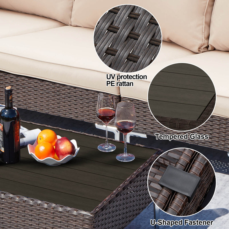 7 Pcs Outdoor Wicker Sectional Sofa All-Weather Furniture Set with Cushion/Tea Table