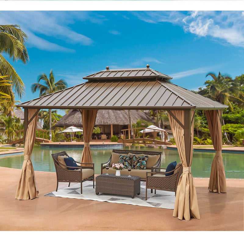 10' x 13' Patio Hardtop Gazebo Galvanized Steel, Double-Roof Gazebo Pergolas Aluminum Frame with Netting & Curtains