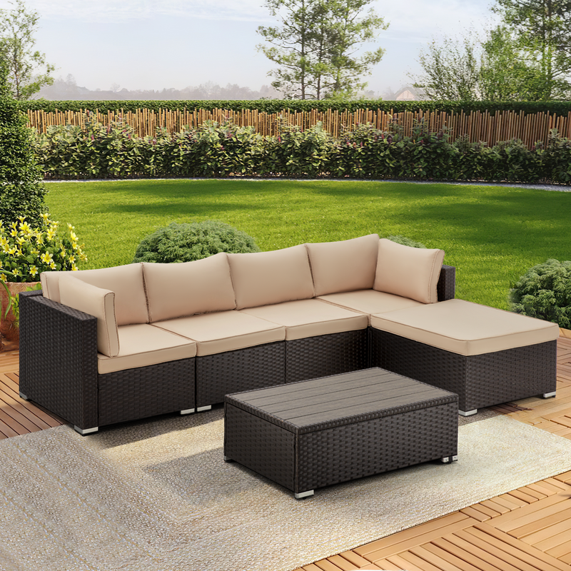 6 Pcs Outdoor Rattan Sectional Sofa All Weather Patio Furniture Set w/ Beige Cushion & Coffee Table