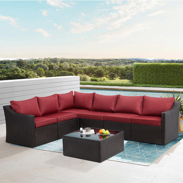 7 Pcs Patio Furniture Set All Weather Sectional Sofa with Red Cushion & Coffee Table