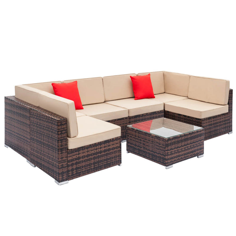 7 Pieces Sectional Rattan Sofa Set with 2pcs Corner Sofas & 4pcs Single Sofas & 1 pcs Coffee Table Brown Gradient