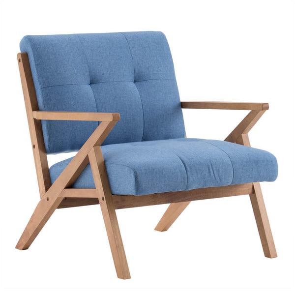 Mid-Century Modern Accent Armchair Solid Hardwood Upholstered Linen Lounge Chair, Light Blue