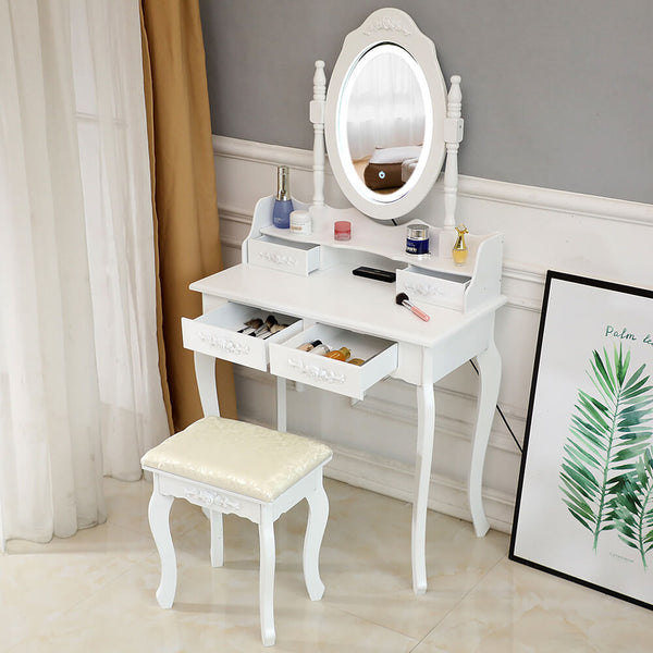 Single Mirror 4 Drawer Round Mirror Dresser White