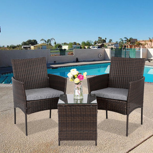 3 Pieces PE Rattan Wicker Chairs Set Cushion with Table Outdoor Garden Furniture Brown