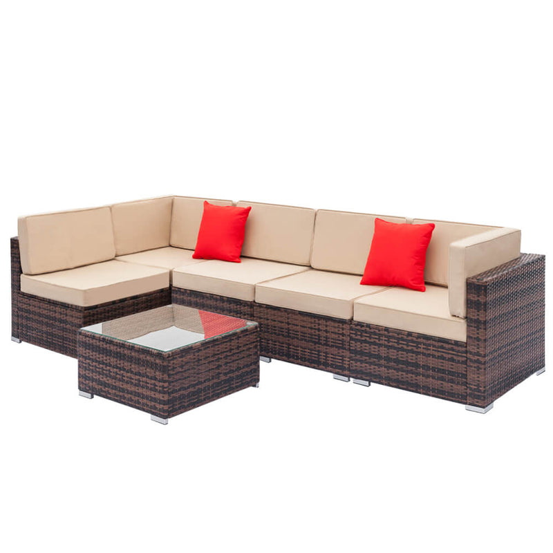 6 Pieces Sectional Rattan Sofa Set with 2pcs Corner Sofas & 3pcs Single Sofas & 1 pcs Coffee Table Brown Gradient