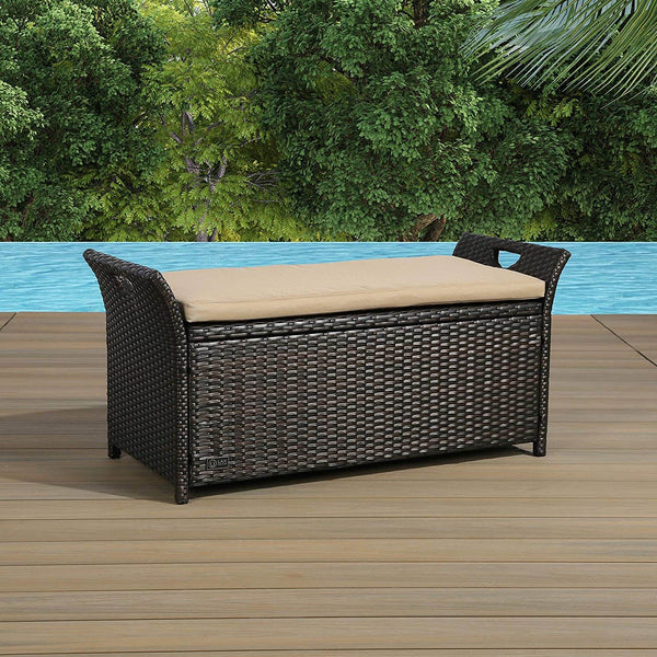 Outdoor Storage Bench with Wing Handles, Rattan Style Deck Box with Beige Cushion