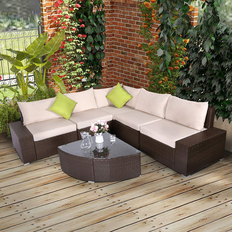 6 Pcs Patio PE Rattan Wicker Sofa Set Outdoor Sectional Furniture Chair Set with Cushions and Tea Table, Brown