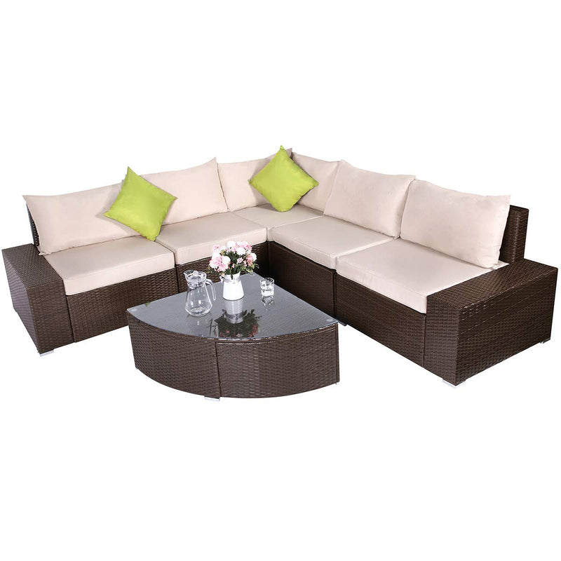 6 Pcs Patio PE Rattan Wicker Sofa Set Outdoor Sectional Furniture Chair Set with Cushions and Tea Table, Brown