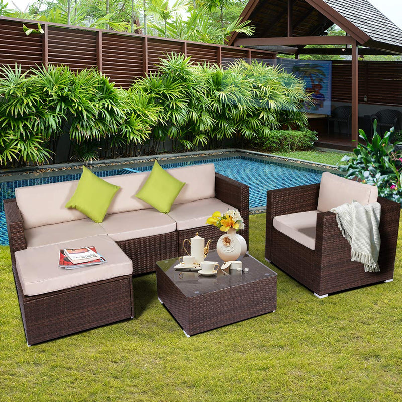 6 Pieces Patio PE Rattan Wicker Sofa Set Outdoor Sectional Furniture Conversation Chair Set with Ottoman Cushions and Tea Table Brown