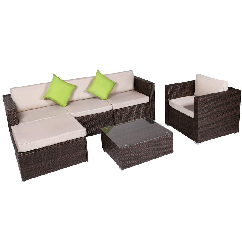 6 Pieces Patio PE Rattan Wicker Sofa Set Outdoor Sectional Furniture Conversation Chair Set with Ottoman Cushions and Tea Table Brown
