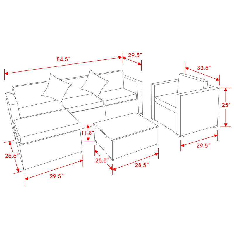 6 Pieces Patio PE Rattan Wicker Sofa Set Outdoor Sectional Furniture Conversation Chair Set with Ottoman Cushions and Tea Table Brown