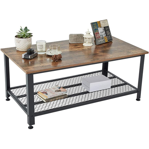Industrial Coffee Table, 2 Tier Cocktail Table, Metal Frame Living Room Sofa Table, Easy Assembly, Rustic Brown