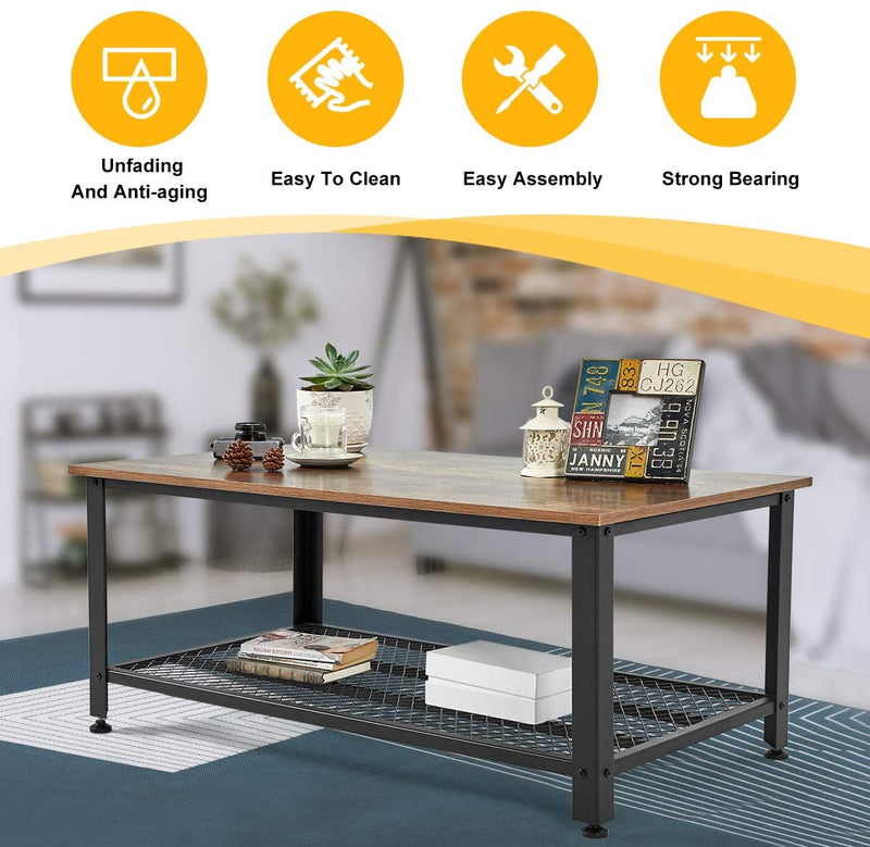 Industrial Coffee Table, 2 Tier Cocktail Table, Metal Frame Living Room Sofa Table, Easy Assembly, Rustic Brown