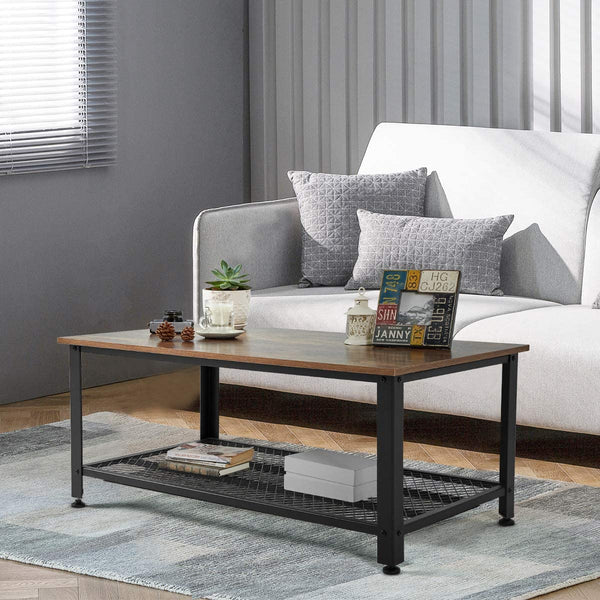 Industrial Coffee Table, 2 Tier Cocktail Table, Metal Frame Living Room Sofa Table, Easy Assembly, Rustic Brown