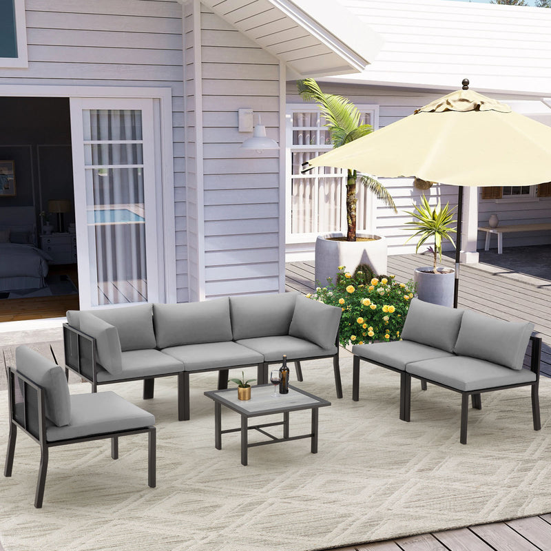 7 Pieces Patio Furniture Set Outdoor Metal Conversation Sets Sectional Furniture with Cushions and Wooden Table for Backyard
