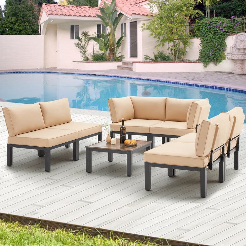 7 Pieces Outdoor Conversation Set with Coffee Table,Metal Patio Sectional Sofa Set with Cushions, Beige