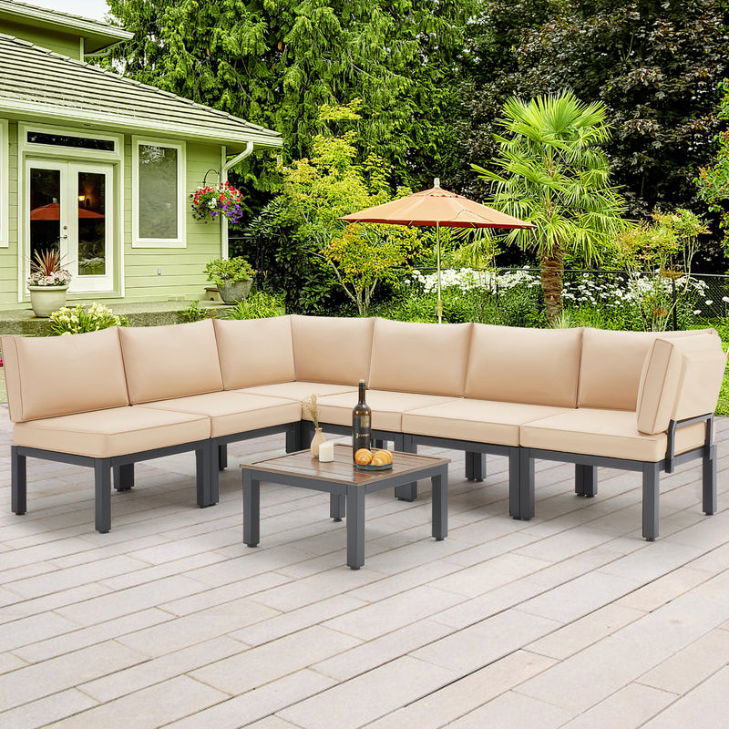 7 Pieces Outdoor Metal Furniture Sets Patio Conversation Set with Coffee Table, Patio Sectional Sofa Set with Cushions-Beige