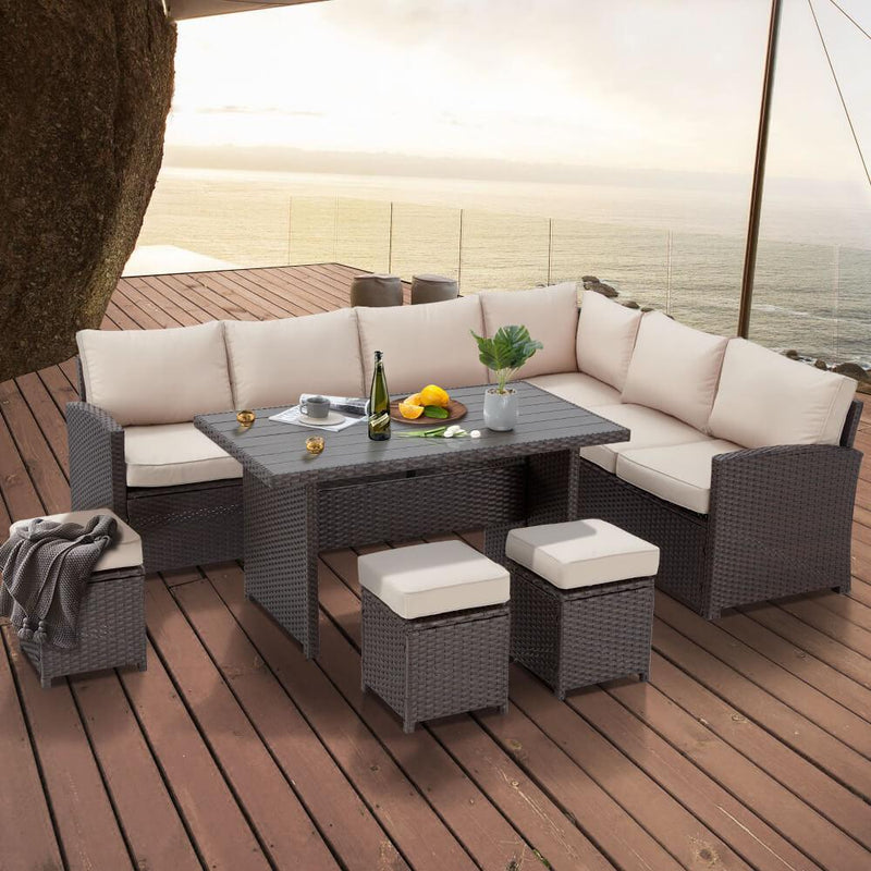 7 Pcs Patio Sectional Dining Set All Weather Outdoor Rattan Furniture w/ Ottoman, Cushion
