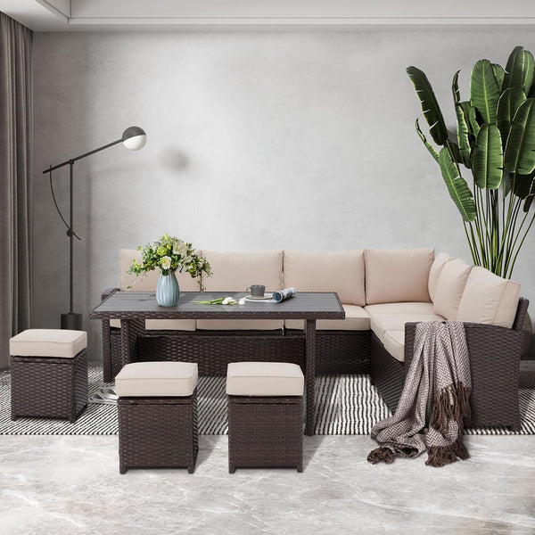 7 Pcs Patio Sectional Dining Set All Weather Outdoor Rattan Furniture w/ Ottoman, Cushion