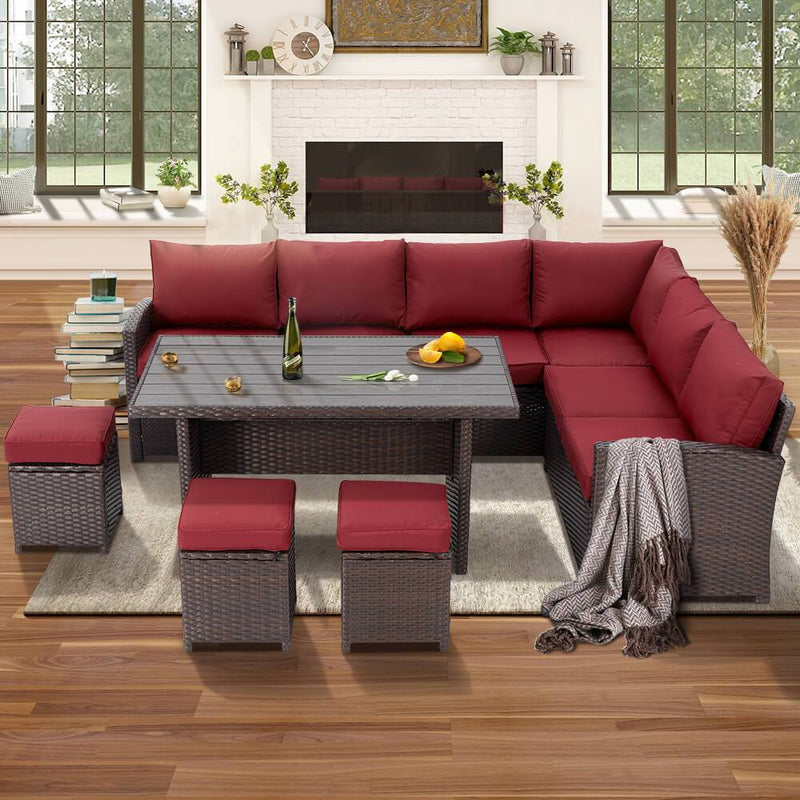 7 Pcs Patio Dining Set All Weather Outdoor Sectional Furniture w/ Ottoman, Red Cushion