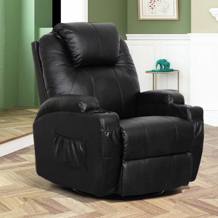 Massage Recliner PU Leather Ergonomic Lounge Heated Chair 360 Degree Swivel Recliner (Black)