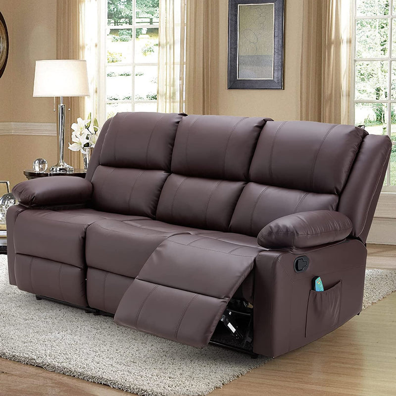 Faux Leather Brown 3-Seat Recliner Sofa Chair