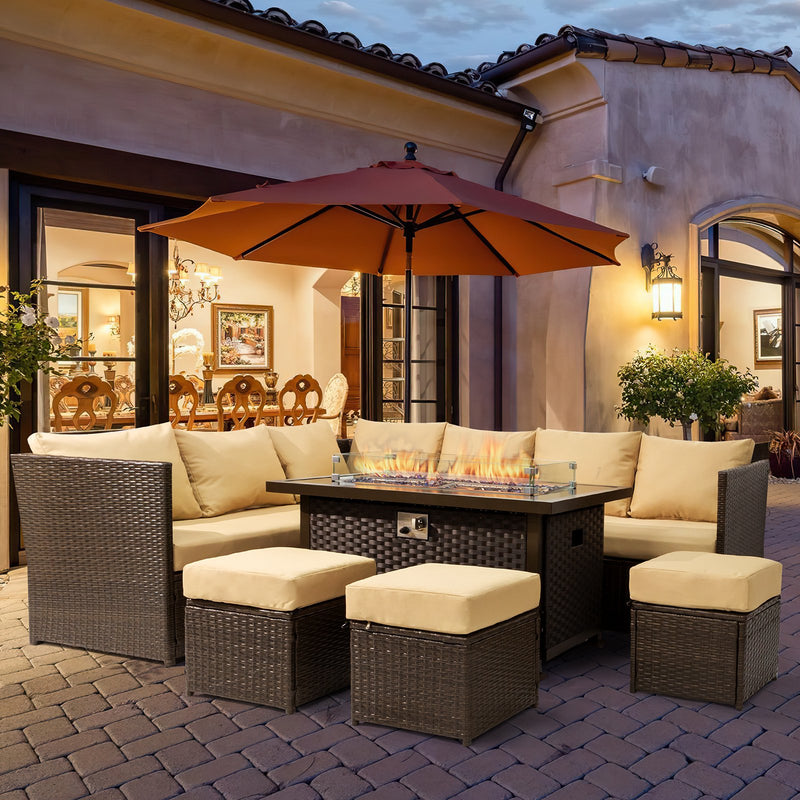 7 Piece Outdoor Furniture Set with Propane Fire Pit Table